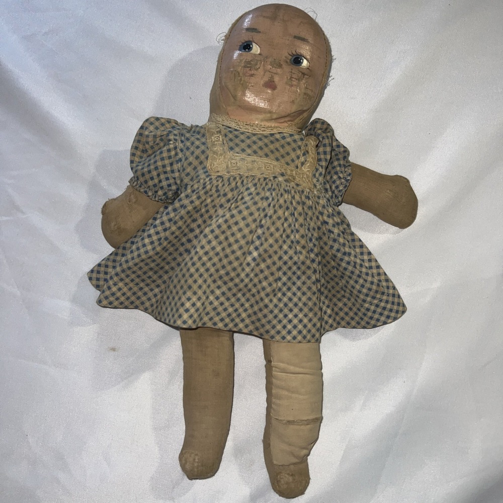 Antique Cloth Doll Annie Oakley Style‎ Hand Painted Face Prairie Bonnet Rustic
